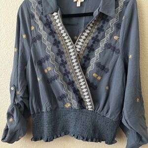 Fig and Flower Navy Embroidered Blouse